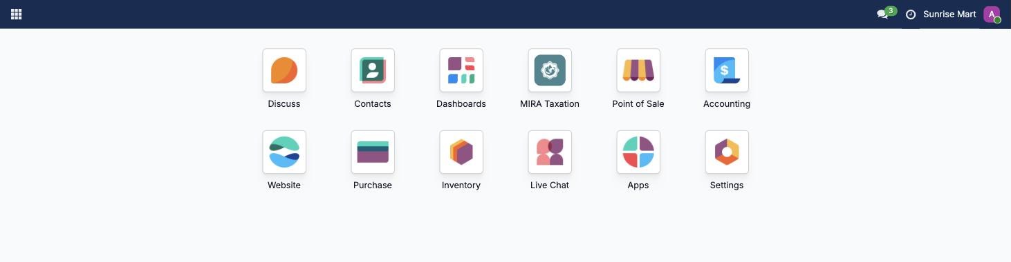 The Odreca One home screen with its apps: Accounting, Point of Sale, MIRA Taxation, Inventory, Purchase and more