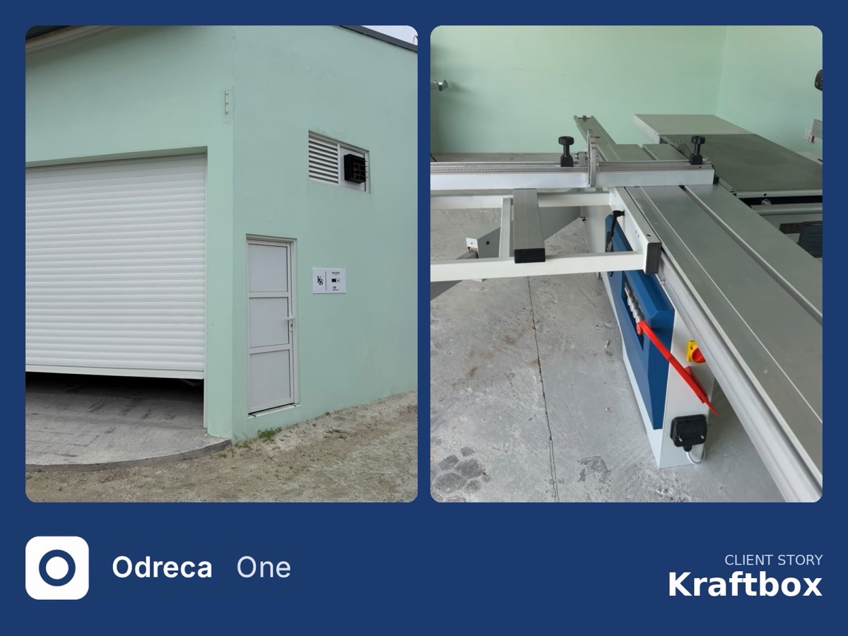The Kraftbox workshop on Kulhudhuffushi: a mint-green building with a roller door, and a panel saw on the workshop floor